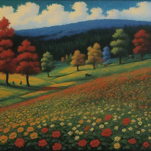 Colorful Summer Meadow with Various Flowers and Trees