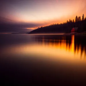 Serenity by the Water: Sunset Reflection over City Skyline