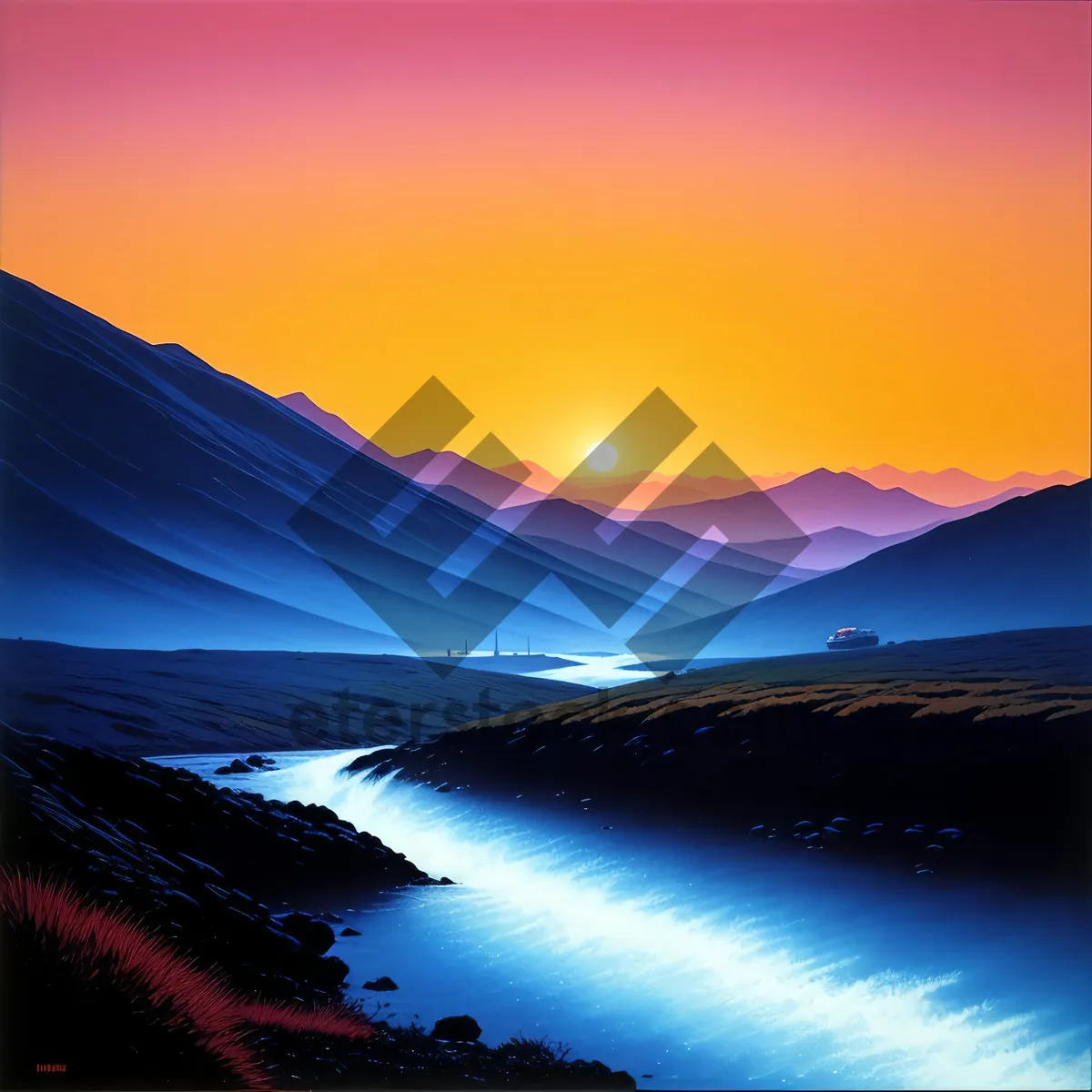 Picture of Vivid Summer Sunset Over Mountain Lake