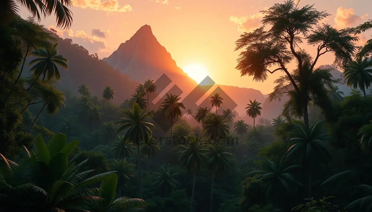 Picture of Silhouette palm tree sunset on tropical beach skyline.