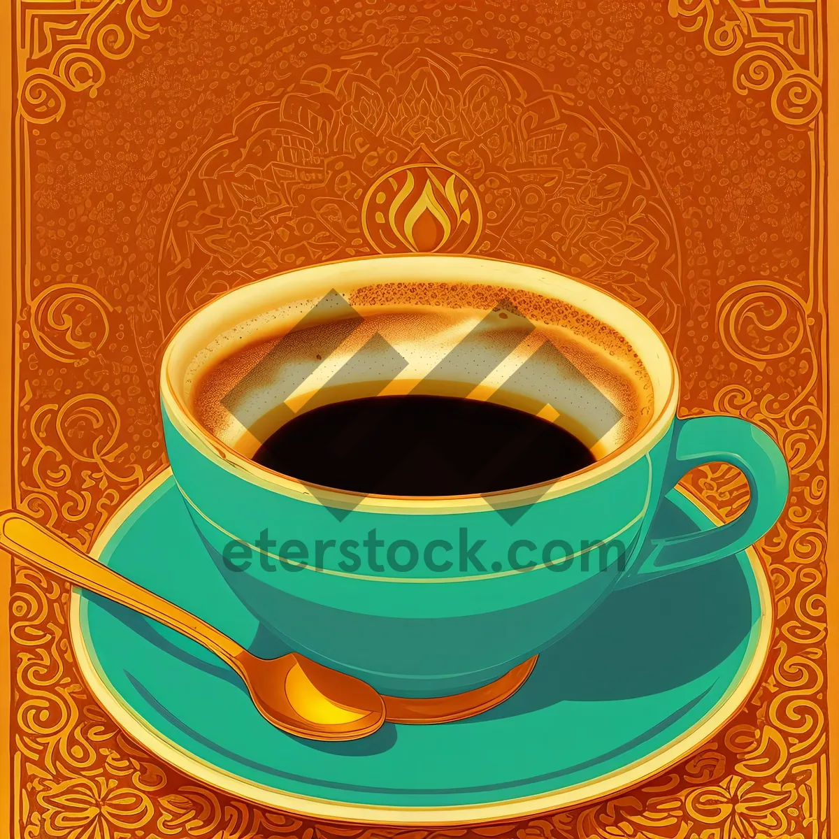 Picture of Morning coffee on black ceramic saucer with spoon