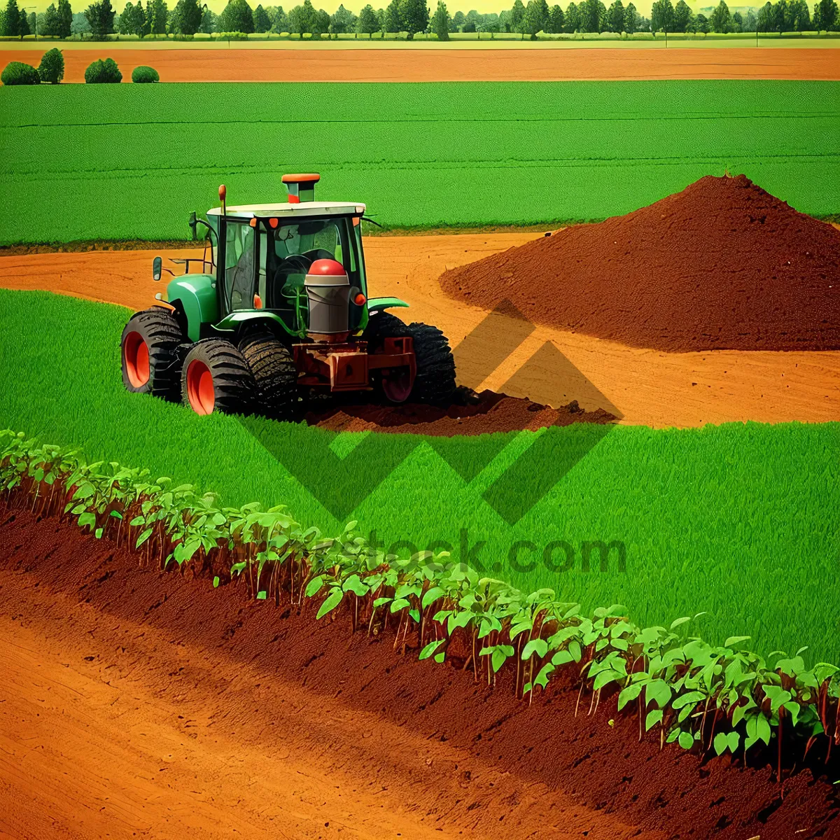 Picture of Yellow Industrial Farm Machinery in Rural Landscape