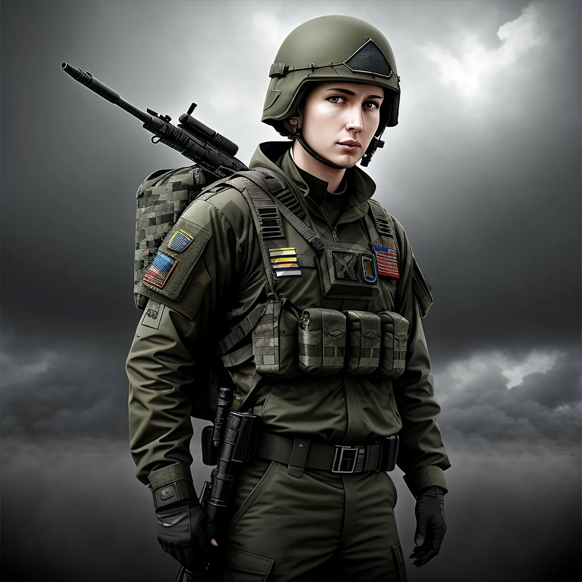 Picture of Soldier in Military Uniform with Helmet and Gun