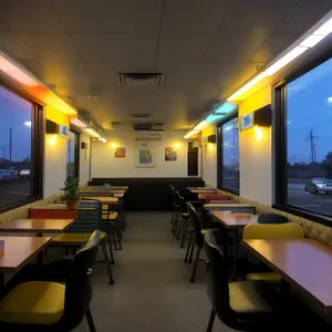 Modern restaurant interior with stylish furniture and lighting