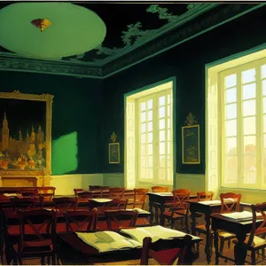 Modern luxury restaurant interior with designer furniture and lamp.