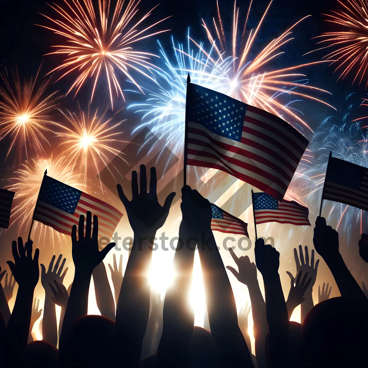 Picture of Crowd With Fireworks and American Flags