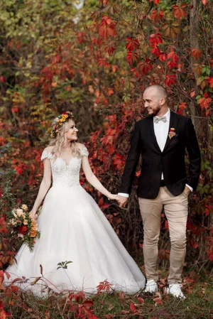 Happy wedding couple in love, smiling cheerfully