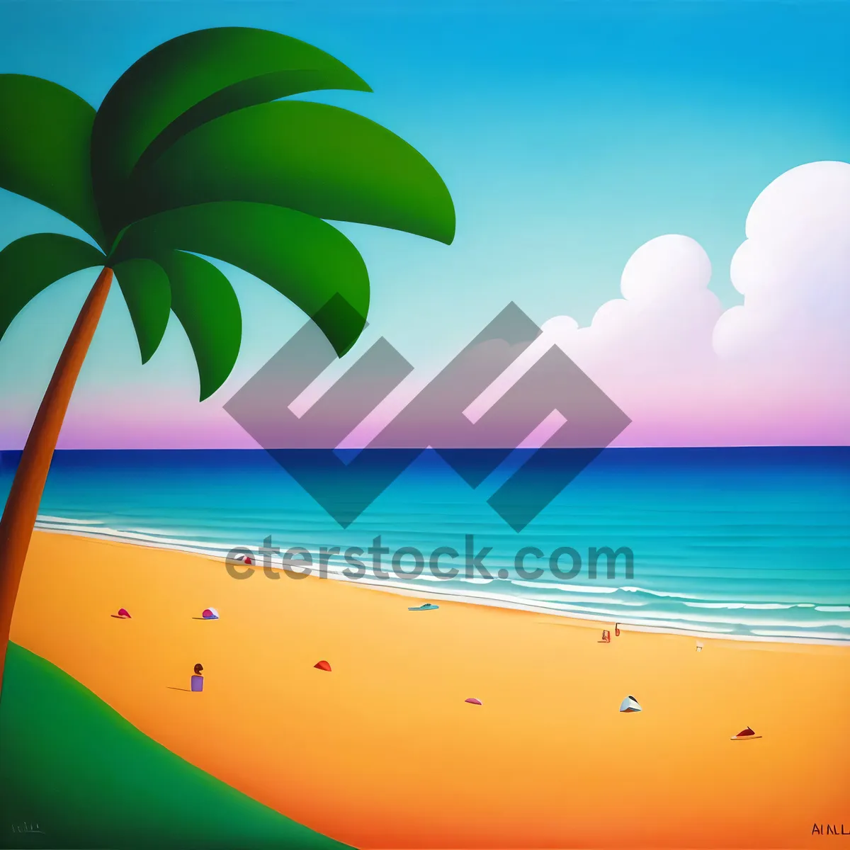 Picture of Serene Tropical Beachscape with Colorful Waves Under Sunny Sky