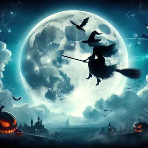 A witch flying on a broomstick against a huge full moon. AI, Generation, Illustration