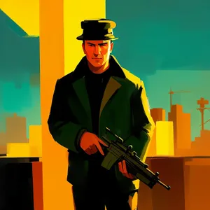 Professional male worker with electric guitar on a construction site.