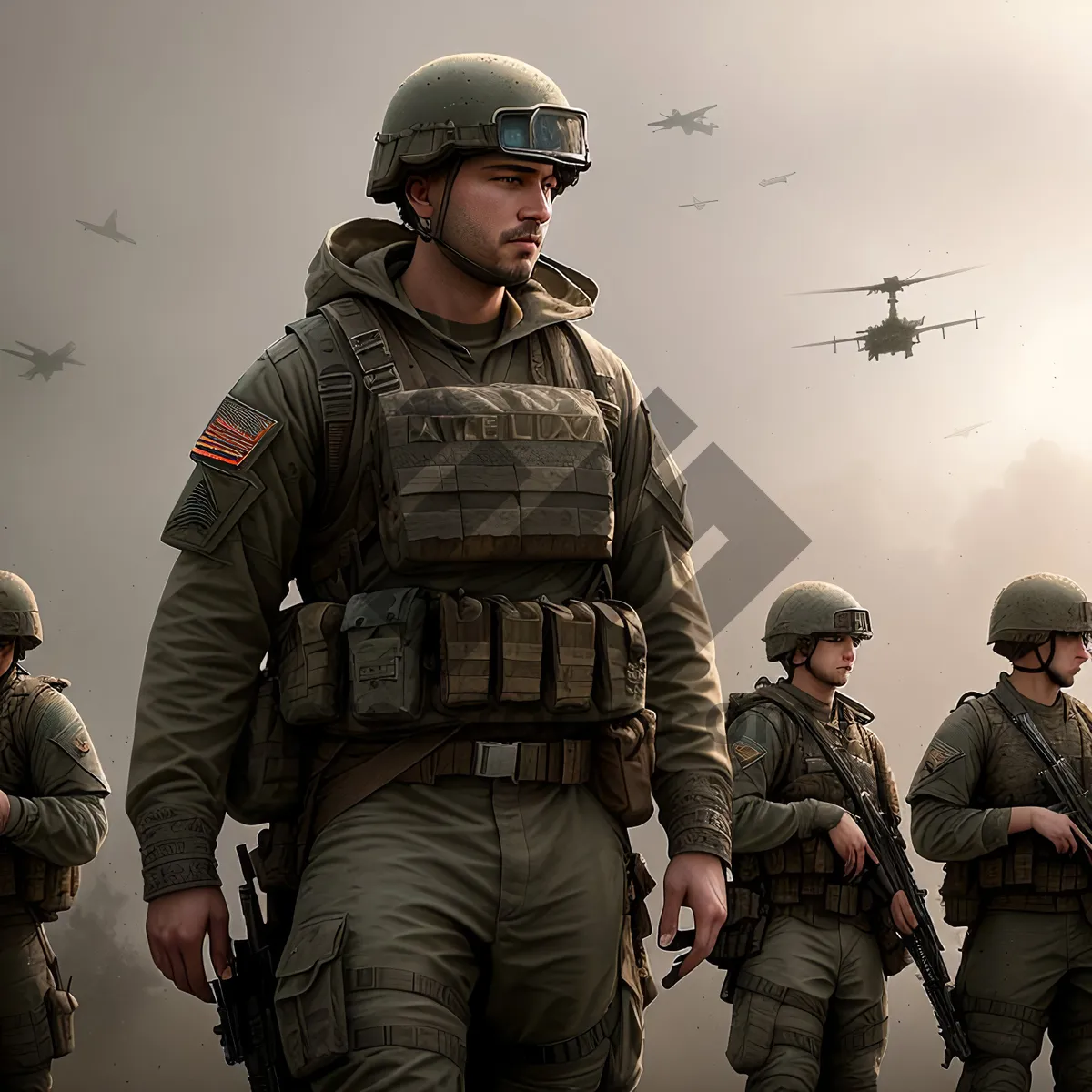 Picture of Soldier in Military Uniform, Helmet, and Bulletproof Vest