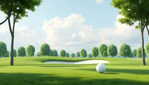 Colorful golf course landscape against sunny sky