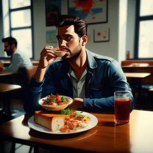 Happy Businessman Dining at Restaurant Table