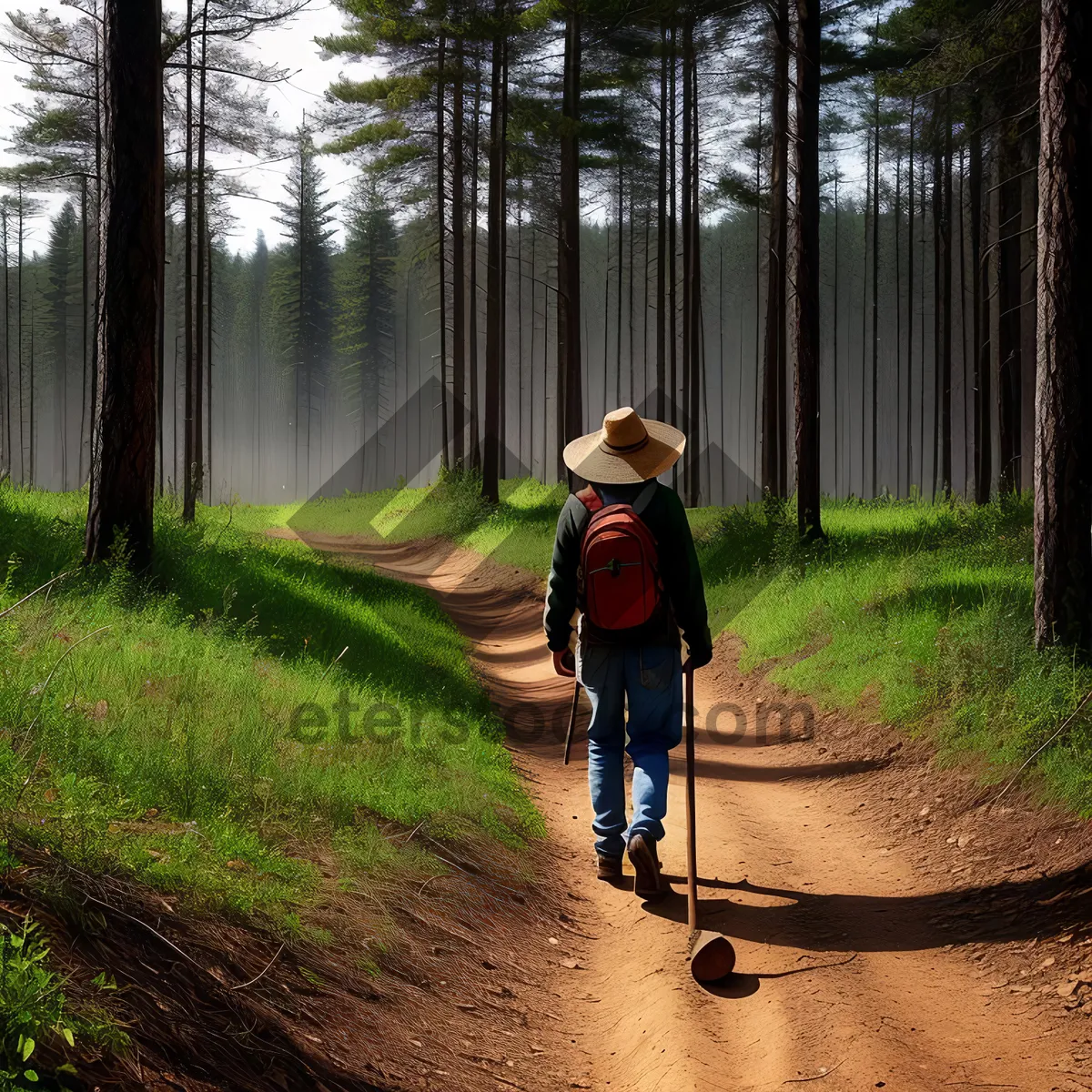 Picture of Man Walking in Park with Lush Forest