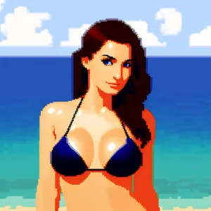 Seductive beach babe in stylish bikini, soaking up the sun.
