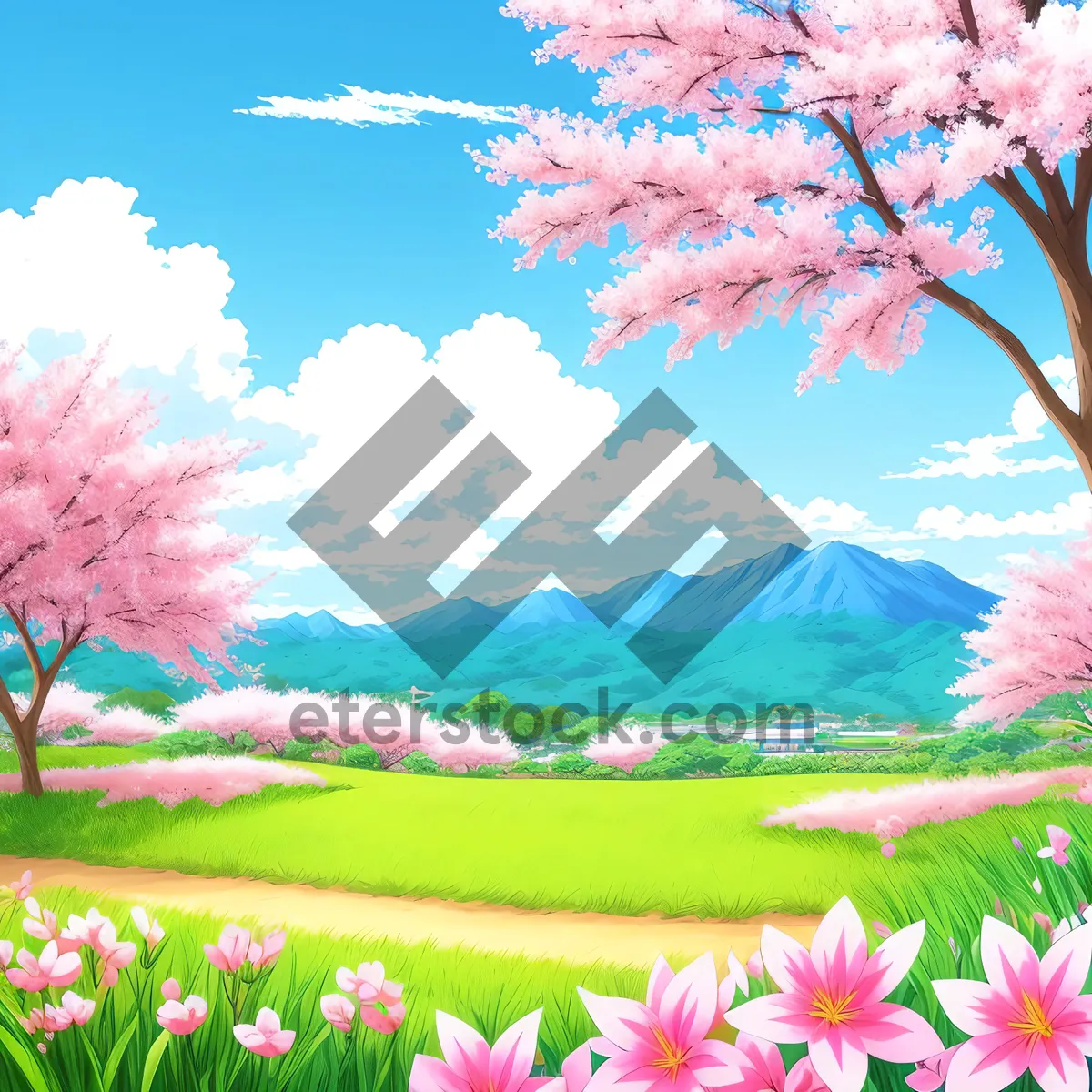 Picture of Colorful Meadow with Pink Flowers Under Blue Sky