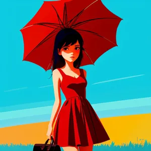 Pretty Lady Under Colorful Parasol: Fashionable and Happy Model Portrait