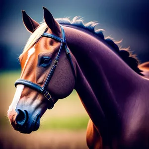 Brown Thoroughbred Stallion in Bridle and Halter