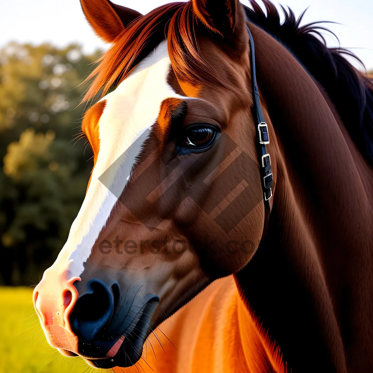 Picture of Thoroughbred Stallion with Brown Mane Grazing in Meadow