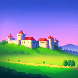 Serene Castle Amidst Lush Meadow and Blue Sky