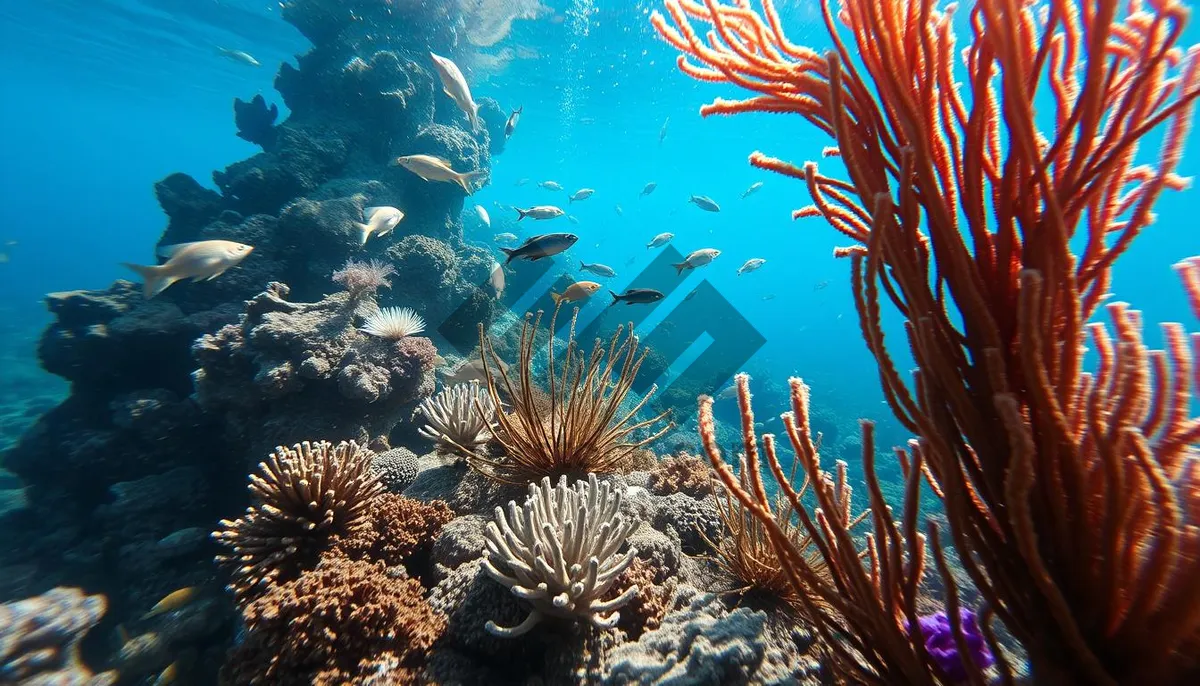 Picture of Colorful Coral Reef in Sunlight at Deep Sea Dive.