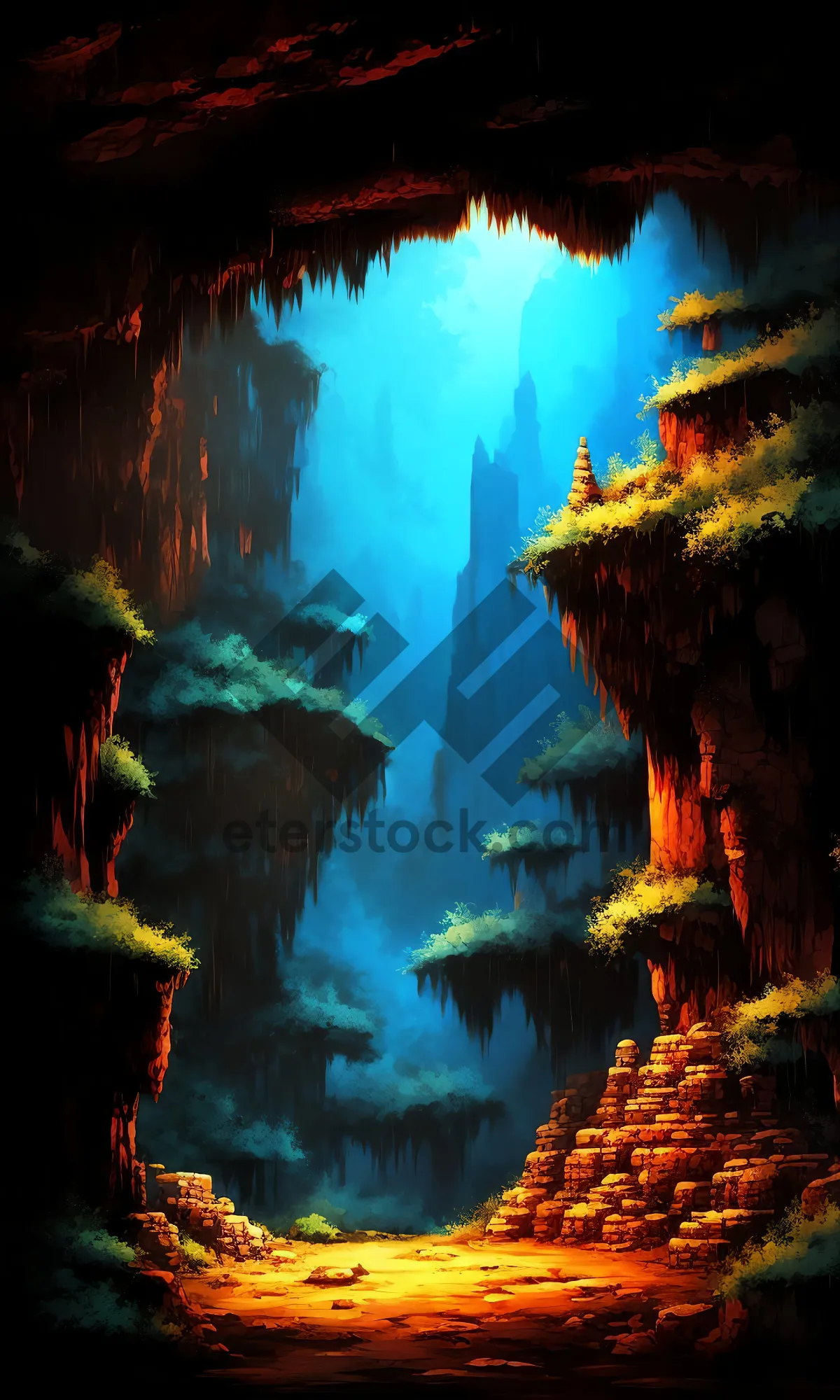 Picture of Tropical Cave Reef in Martian Ocean - Acrylic Painting.