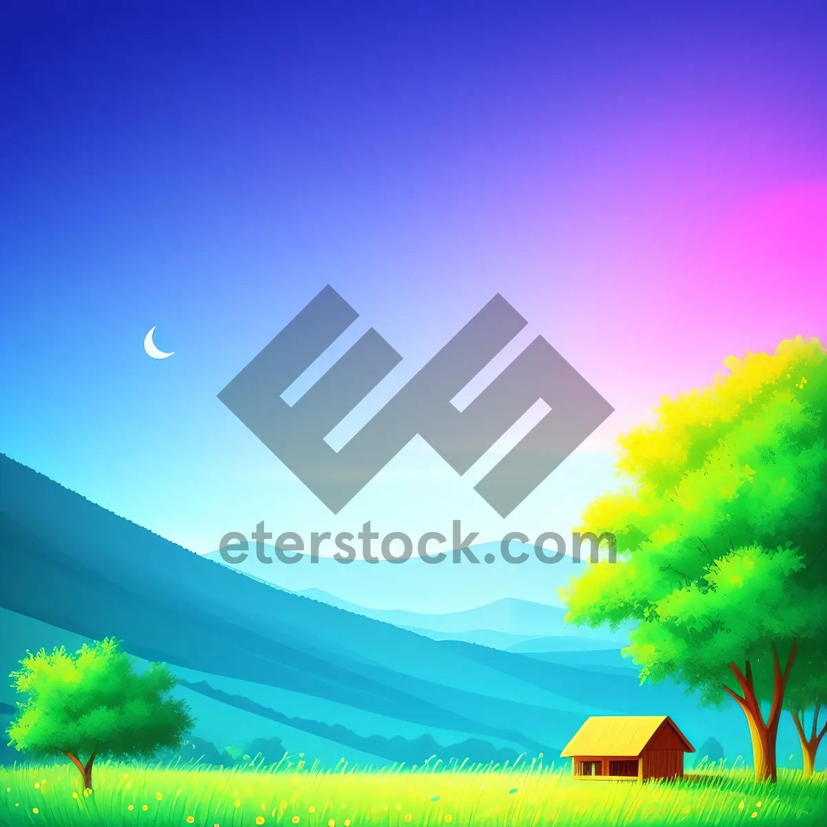 Picture of Vibrant Summer Meadow with Clear Sky and Oak Tree