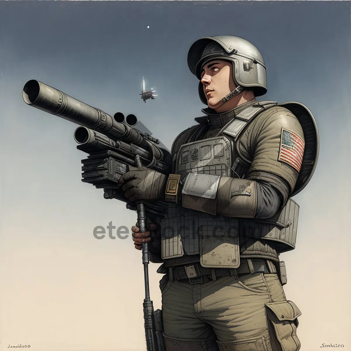 Picture of Armed Soldier in Military Uniform with Rifle