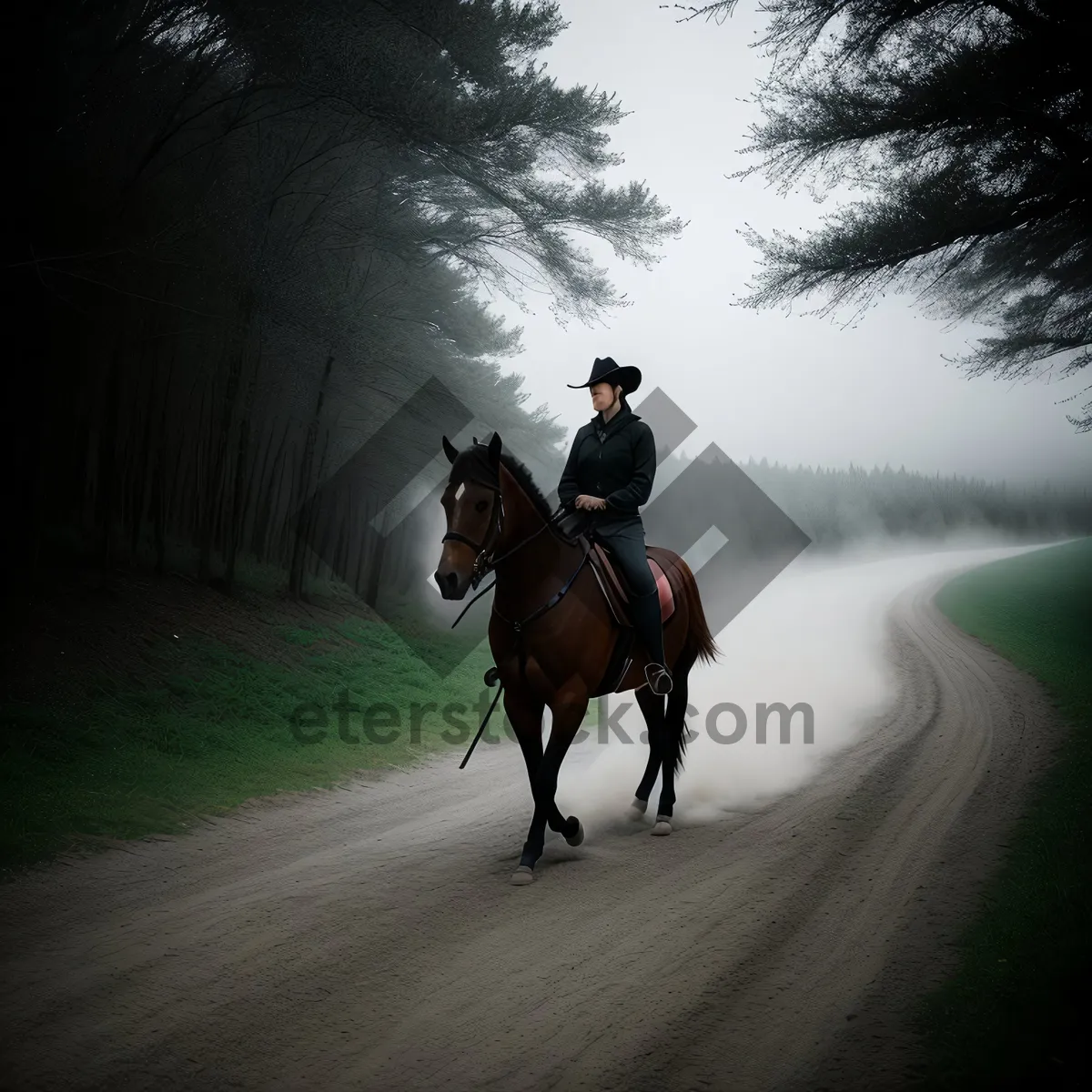 Picture of Stunning Cowboy Riding Horse in Outdoor Resort