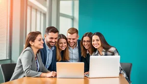 Happy executive team in office with laptop working together