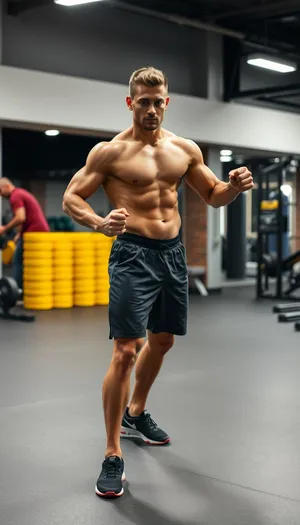 Fit male model flexing muscles at the gym