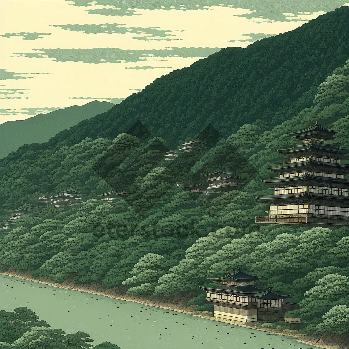 Picture of Serene Mountain Lake Landscape During Summer Vacation