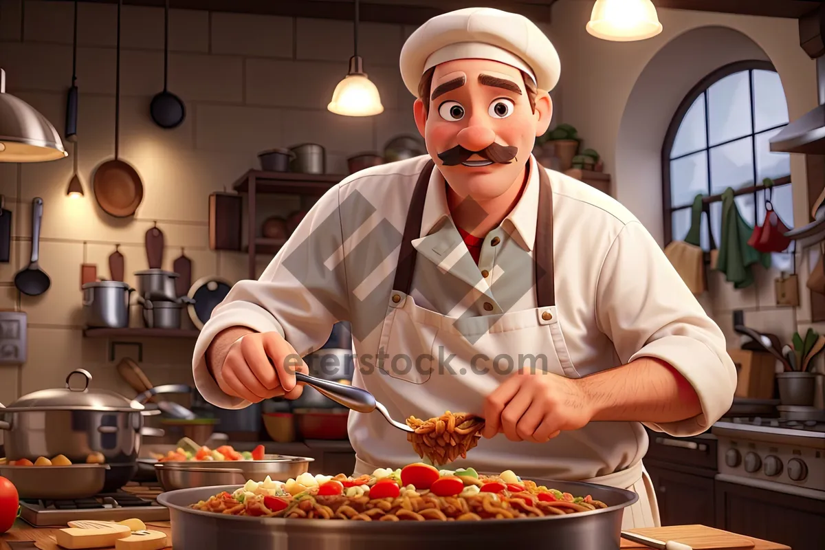 Picture of Happy man holding meal in restaurant kitchen