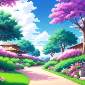 Colorful Spring Landscape in Park with Pink Trees