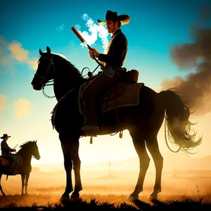 Silhouetted Cowboy Riding Into the Sunset