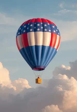 Colorful hot air balloon flying in the sky.