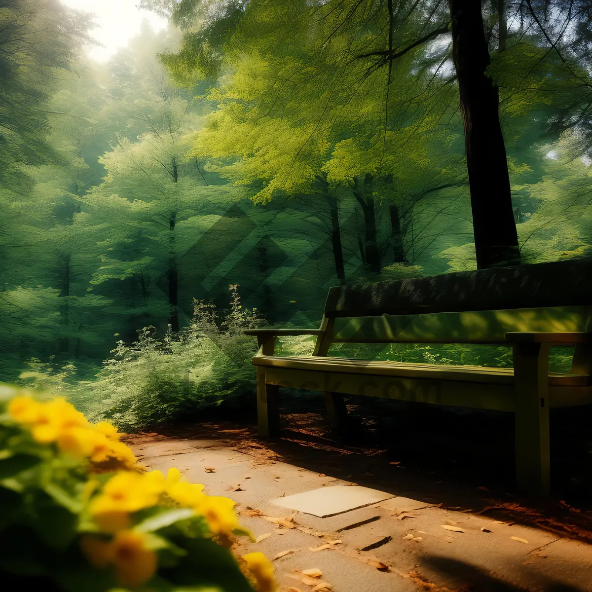 Picture of Wooden bench in scenic autumn park landscape