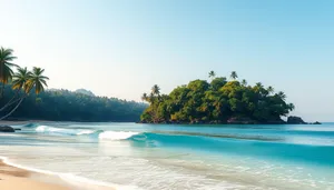 Turquoise Bay under Sunny Sky with Palm Trees