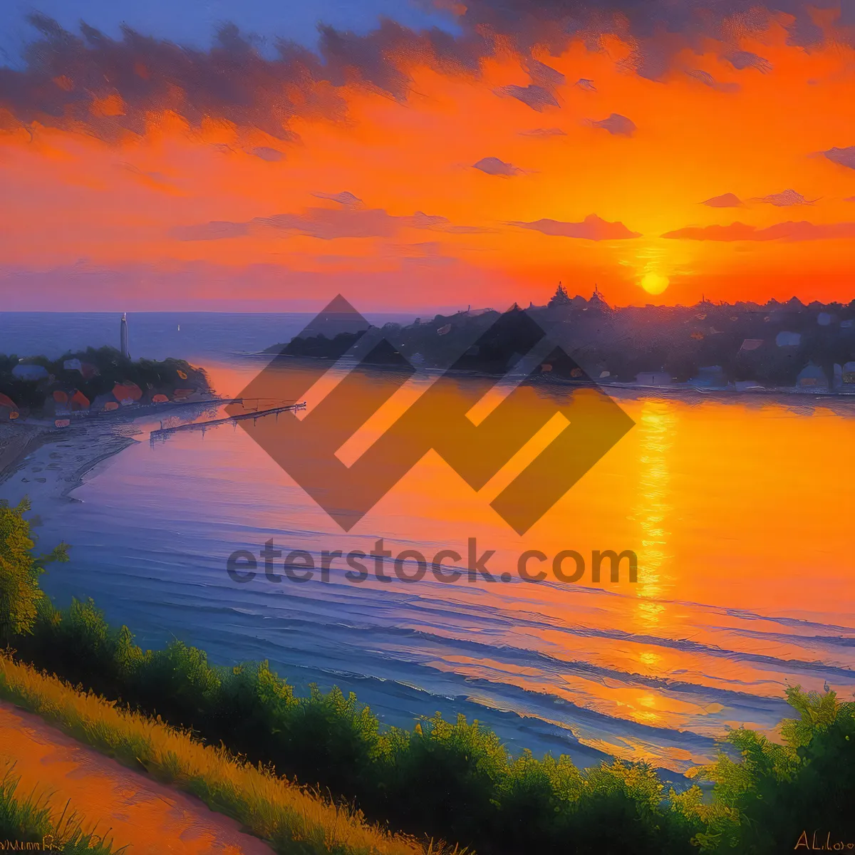 Picture of Sunset silhouette over tranquil lakeside reflection