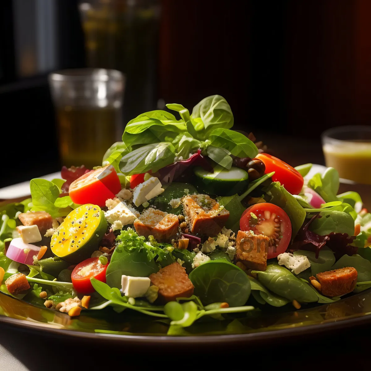 Picture of Delicious restaurant salad with fresh vegetables and cheese.