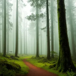 Sunlit Path through Misty Autumn Woods