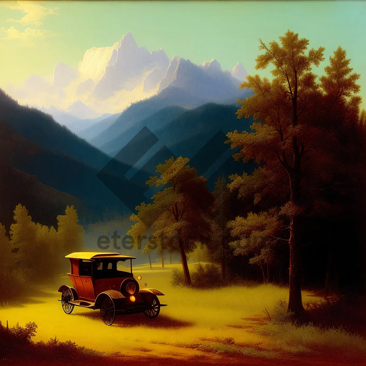 Picture of Sunset Harvest: Farm Landscape with Yellow Tractor