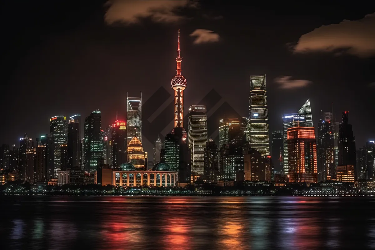 Picture of Modern skyscrapers reflecting in the night river.