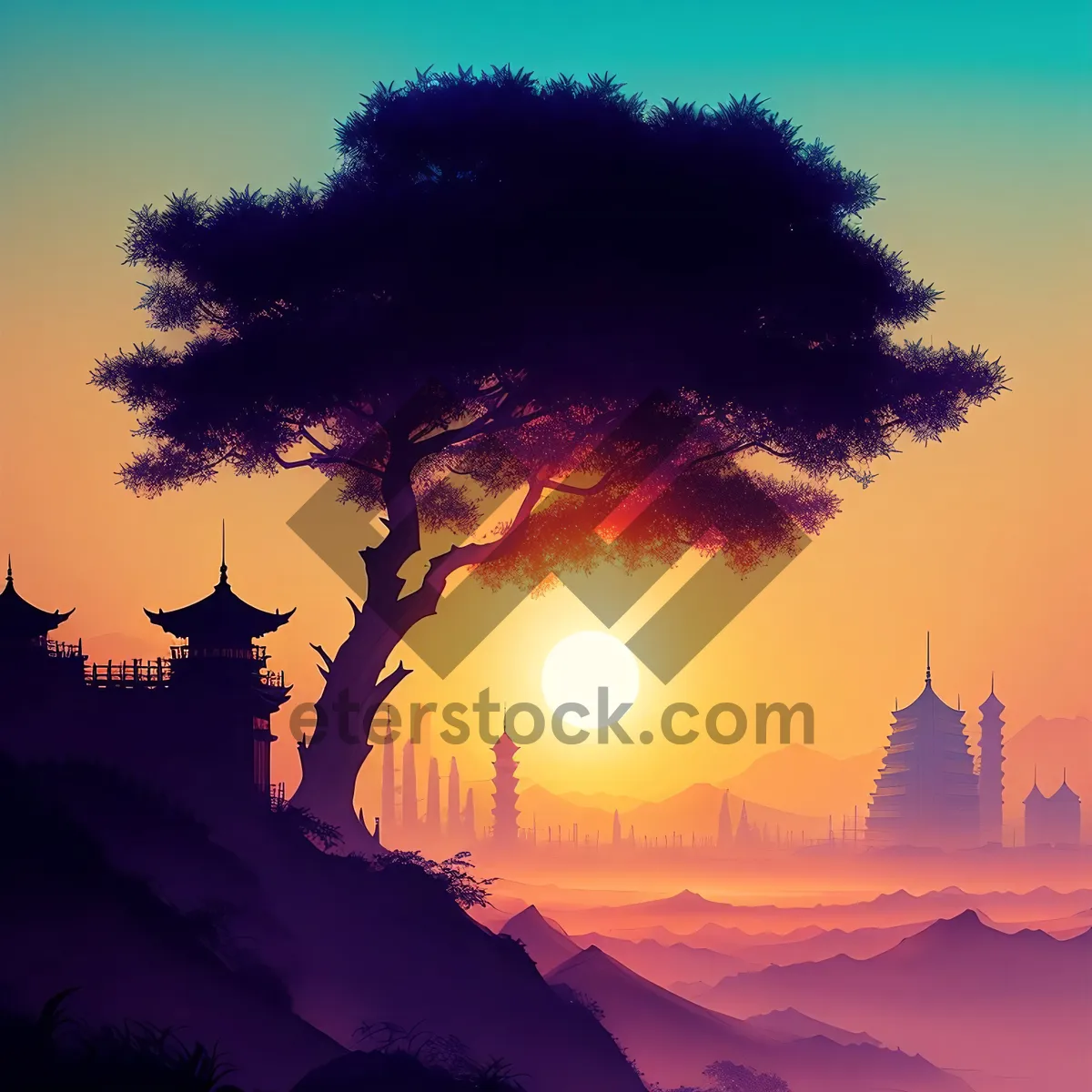 Picture of Colorful Sunset Silhouette over Tranquil Landscape