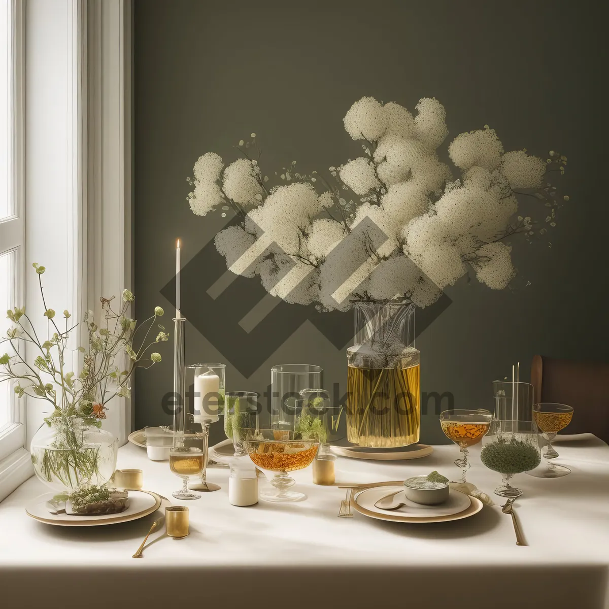 Picture of Luxurious Wedding Dinner Table Setting with Flower Bouquet