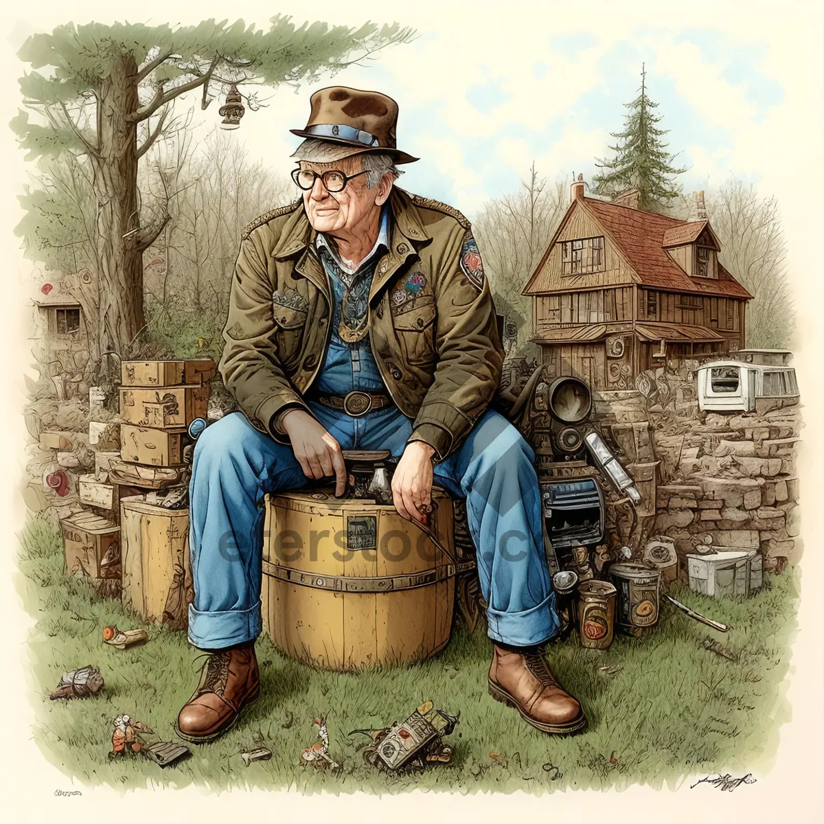 Picture of Winery Barrel Man with Chainsaw and Vehicle Container