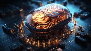 Sci-fi concept. The central computer processor in the form of an artificial brain microchip as the main element of the artificial intelligence system is installed on the motherboard of the supercomputer