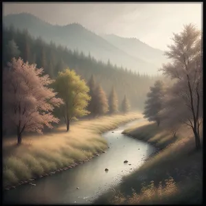 Snowy Mountain Sunset in Forest Park Scenery