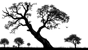 Silhouette of tree against evening sky in forest landscape.