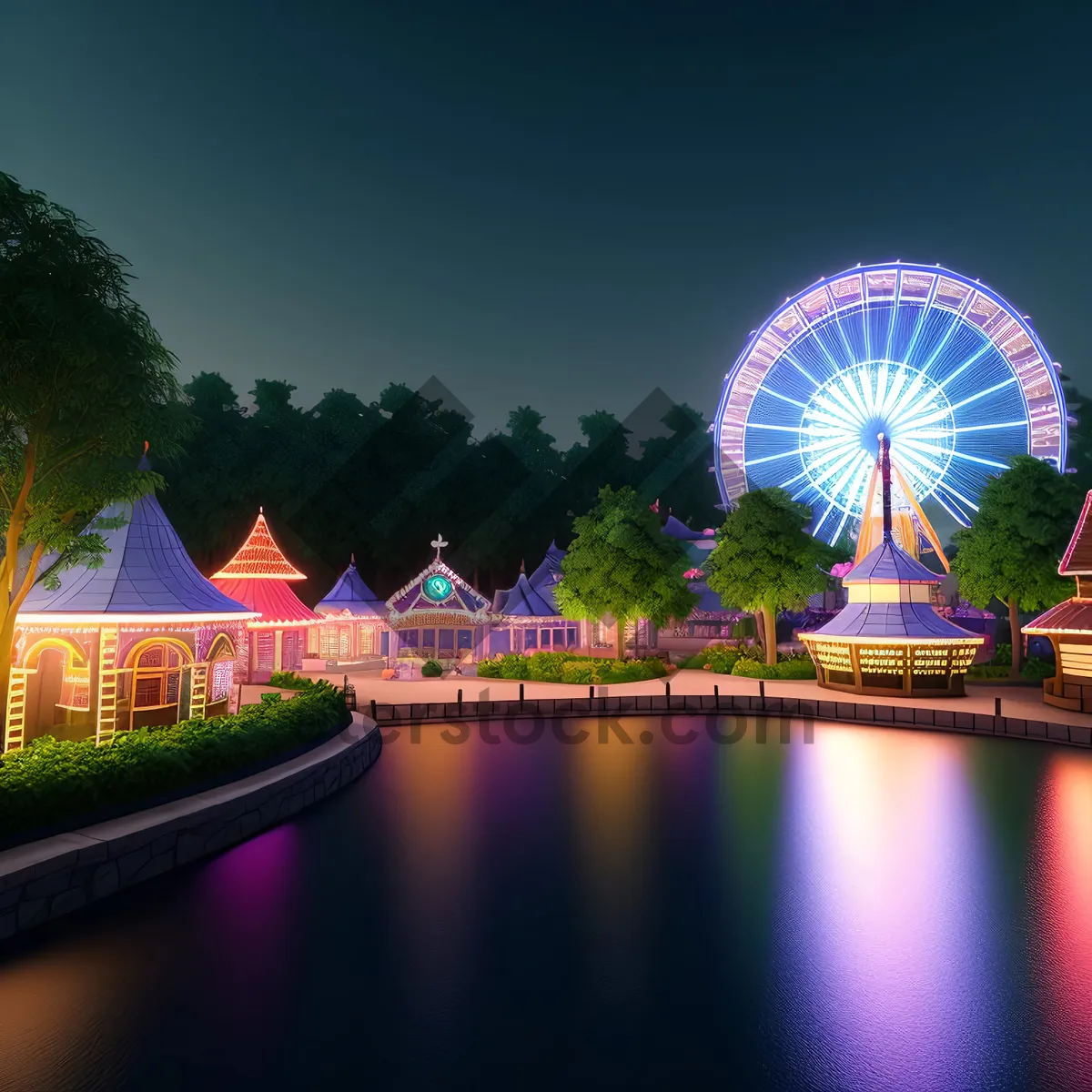 Picture of Nighttime Reflections: Urban Cityscape with Ferris Wheel Ride